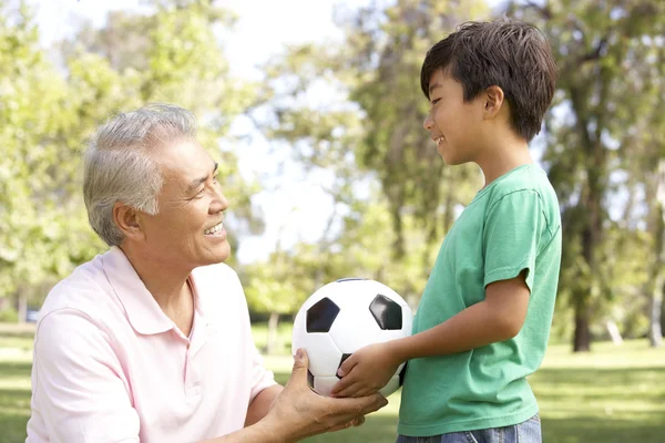 Großvater Und Enkel Park Beim Fußball — Stockfoto
