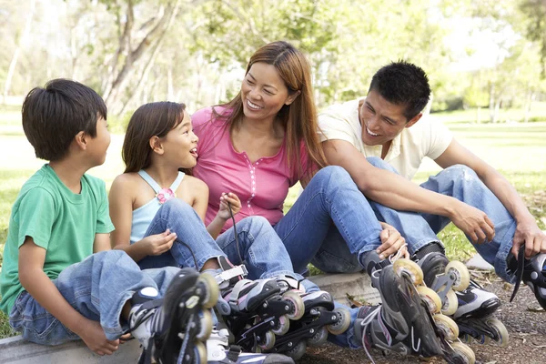Family Putting On In Line Skates In Park — Stock Photo, Image