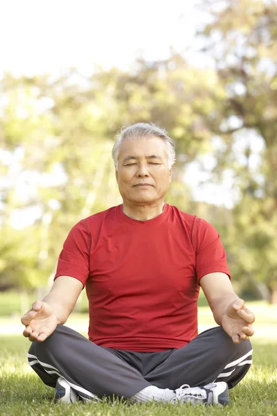 Senior man doen yoga in park — Stockfoto