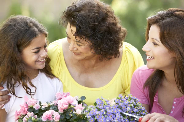 Senior vrouw met volwassen dochter en kleindochter tuinieren st r samen breien — Stockfoto