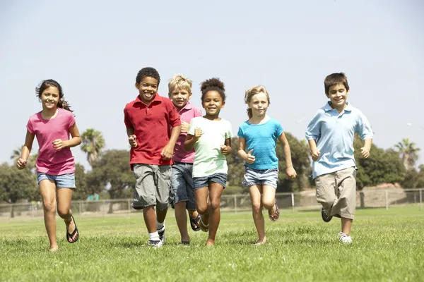 公園を走る子供たちのグループは — ストック写真