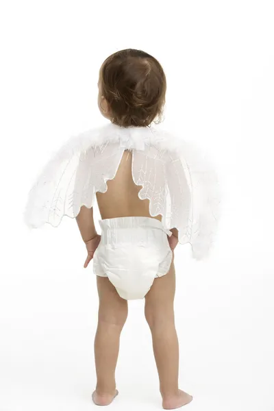 后视图的蹒跚学步穿尿布和天使的翅膀 — 图库照片