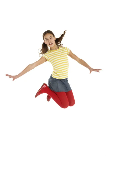 Mitad Estudio Aire Disparo Chica Joven Saltando Aire — Foto de Stock
