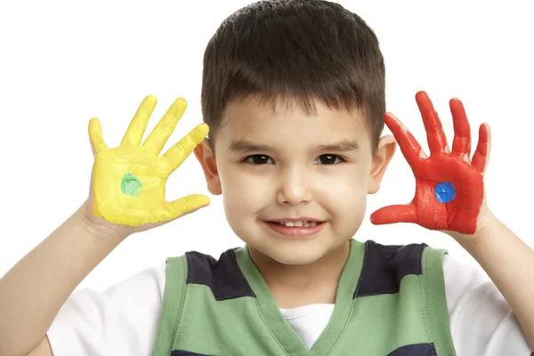 Studio Portrait Of Young Boy With Painted Hands — Stock Photo, Image