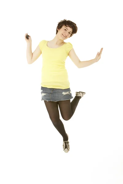Studio Portrait Teenage Girl Jumping Air — Stock Photo, Image