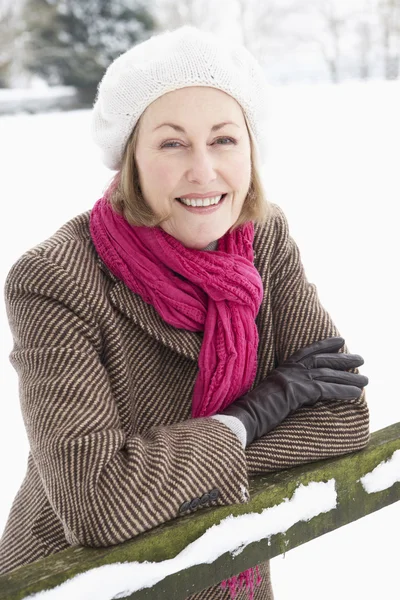 Seniorin Steht Draußen Verschneiter Landschaft — Stockfoto