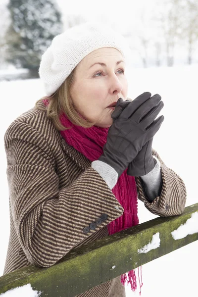 Seniorin Steht Draußen Verschneiter Landschaft Und Wärmt Hände — Stockfoto