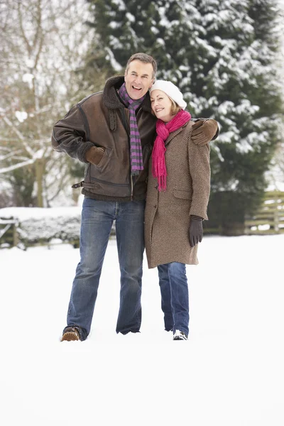Starší pár, chůze v zasněžené krajině — Stock fotografie