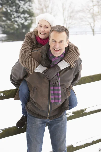 Seniorenpaar steht draußen in verschneiter Landschaft — Stockfoto