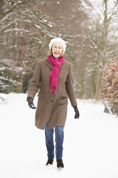 Ανώτερος Γυναίκα Περπατώντας Μέσα Από Χιονισμένο Δάσος — Φωτογραφία Αρχείου