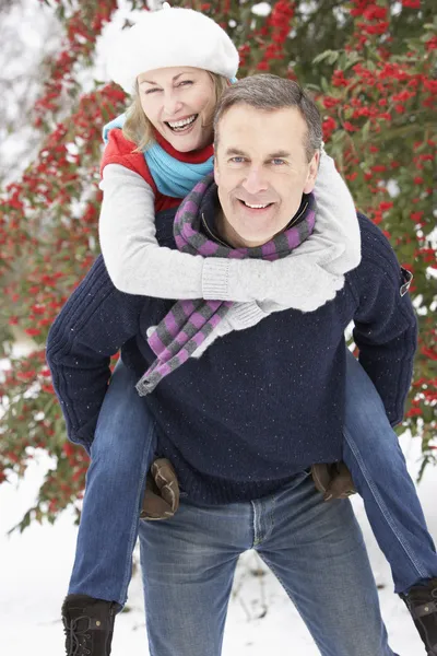 Äldre par utanför i snöiga landskap — Stockfoto