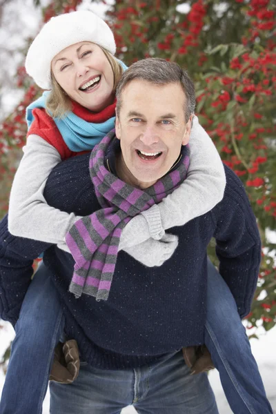 Seniorenpaar draußen in verschneiter Landschaft — Stockfoto