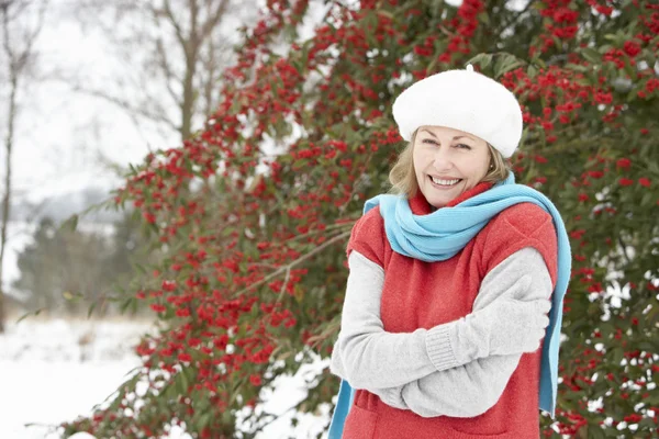 Ανώτερος Γυναίκα Στέκεται Έξω Από Χιονισμένο Τοπίο — Φωτογραφία Αρχείου