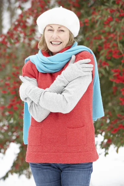 Ανώτερος Γυναίκα Στέκεται Έξω Από Χιονισμένο Τοπίο — Φωτογραφία Αρχείου