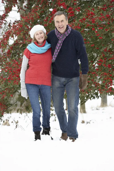 Ανώτερος ζευγάρι περπατώντας μέσα από το χιονισμένο δάσος — Φωτογραφία Αρχείου