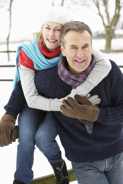 Старшая пара, стоящая снаружи в снежном ландшафте — стоковое фото