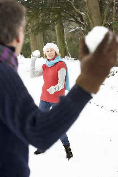 Casal sênior tendo luta de bola de neve na floresta nevada — Fotografia de Stock