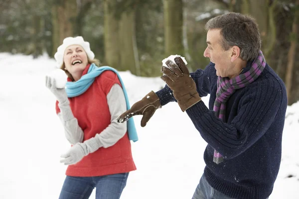 Senior Couple Having Snowball Fight Snowy Woodland — Stock Photo, Image