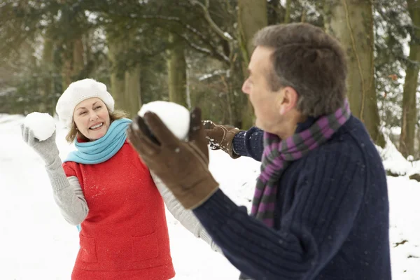 Casal sênior tendo luta de bola de neve na floresta nevada — Fotografia de Stock