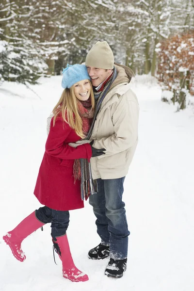Casal caminhando pela floresta nevada — Fotografia de Stock