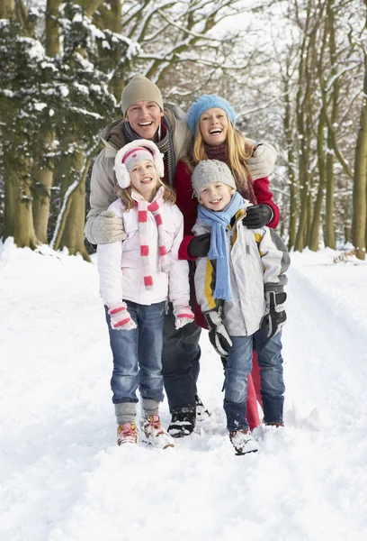 Familjen gå genom snöiga skogsmark — Stockfoto