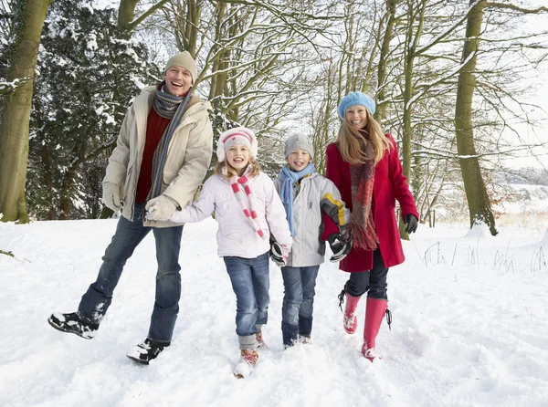 雪に覆われた森林を歩く家族 — ストック写真