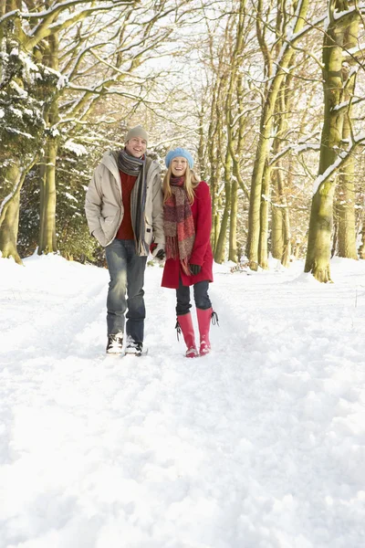 雪に覆われた森林を歩いてのカップル — ストック写真