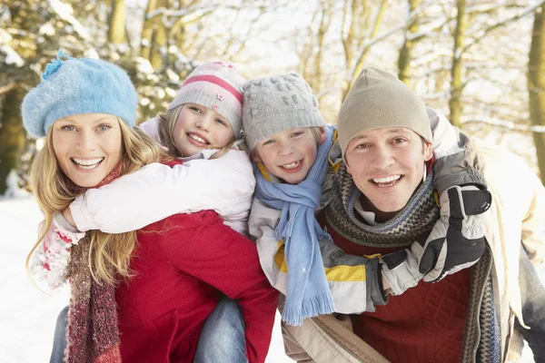 Familjen ha roligt snöiga skogsmark — Stockfoto