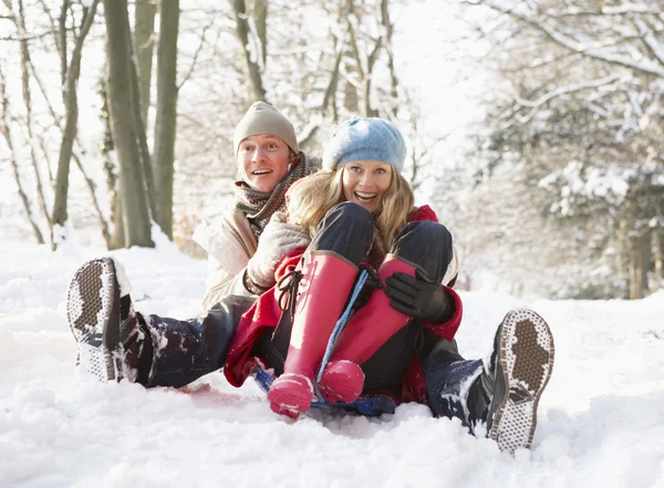 Par som slingrar sig genom snöiga skogar — Stockfoto
