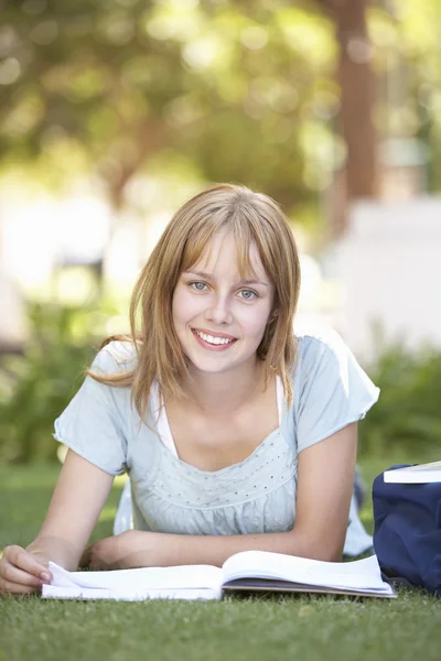 Kvinnliga tonåriga student som studerar i park — Stockfoto