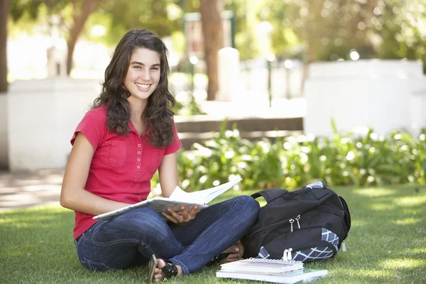 Ženské dospívání student studuje v parku — Stock fotografie