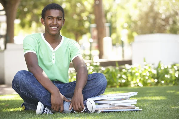 Manliga teenage student som studerar i park — Stockfoto