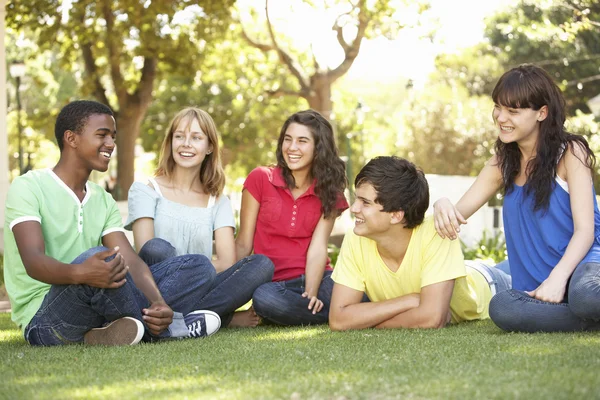 Skupina teenagerů spolu povídat v parku — Stock fotografie