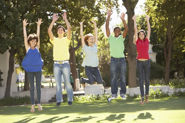 Group Teenagers Jumping Air Park — Stock Photo, Image