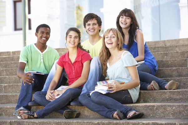 Grupa nastoletnich przyjaciół siedząc na uczelni kroki poza — Zdjęcie stockowe