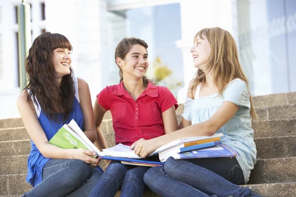 Gruppe von Teenager-Freundinnen sitzt auf College-Stufen außerhalb — Stockfoto