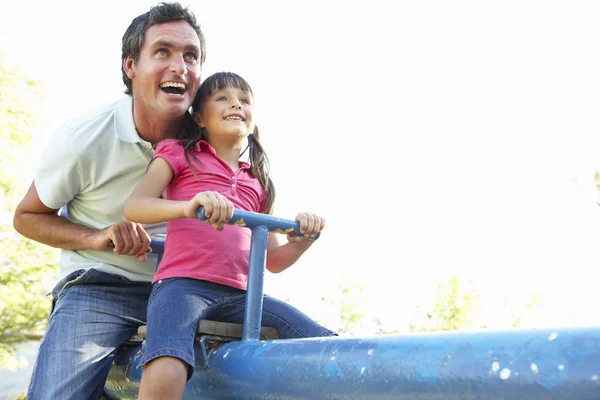 Father Daughter Riding See Saw Playground — Stock Photo, Image