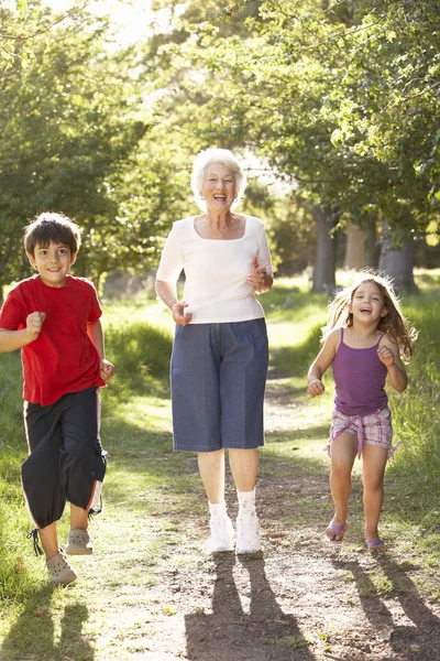 Großmutter Joggt Mit Enkeln Park — Stockfoto