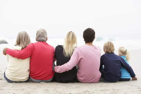Pohled Zezadu Tři Generace Rodiny Sedící Zimní Pláž Tog — Stock fotografie
