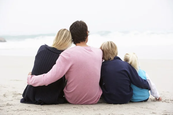 后坐在冬季海滩上的年轻家庭观 — 图库照片