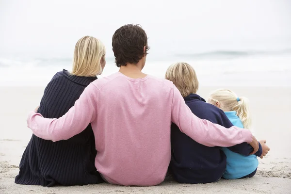 后坐在冬季海滩上的年轻家庭观 — 图库照片