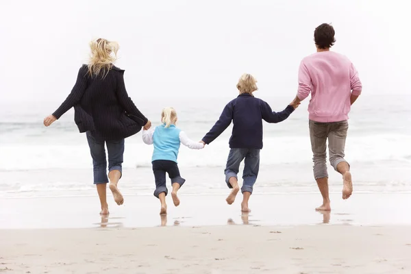 Achteraanzicht van jonge gezin loopt langs winter strand — Stockfoto