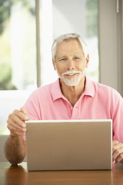 老年人在家里用笔记本电脑 — 图库照片