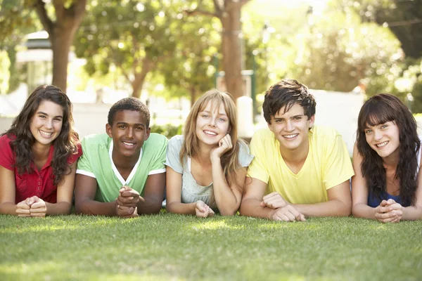 Group Teenagers Lying Stomachs Park Stock Image