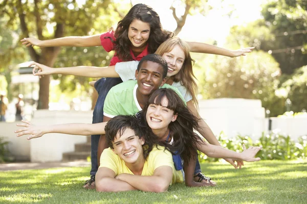 Group Teenagers Piled Park Stock Photo