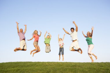 Young couple with grandparents and children jump in a field clipart