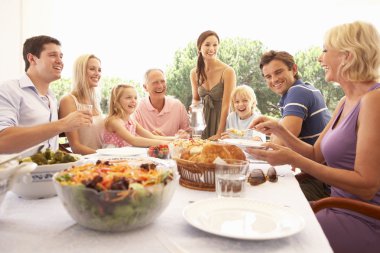 A family, with parents, children and grandparents, enjoy a picni clipart