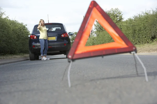 Female Driver Broken Country Road Hazard Warning — Stock Photo, Image