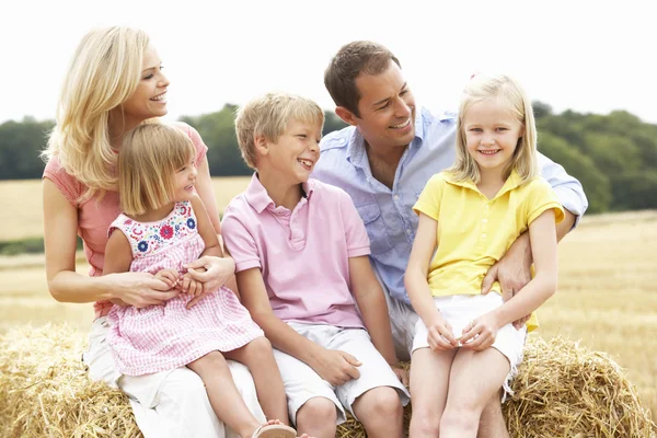 Семья, сидящая на Соломенных тюках на собранном поле — стоковое фото