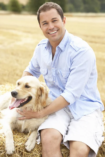 Uomo seduto con cane su balle di paglia nel campo raccolto — Foto Stock